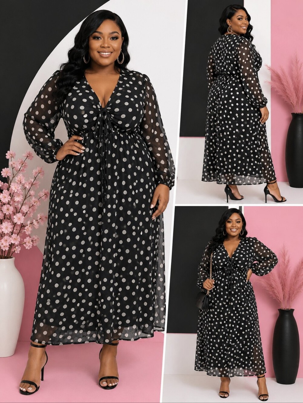 Ava & Viv Black Dress with White Polka Dots Maxi